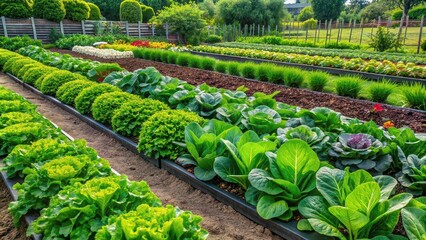 Obraz premium Rows of lush green vegetables in a well-maintained garden, gardening, fresh, greens, organic, farm, agriculture, plants, rows