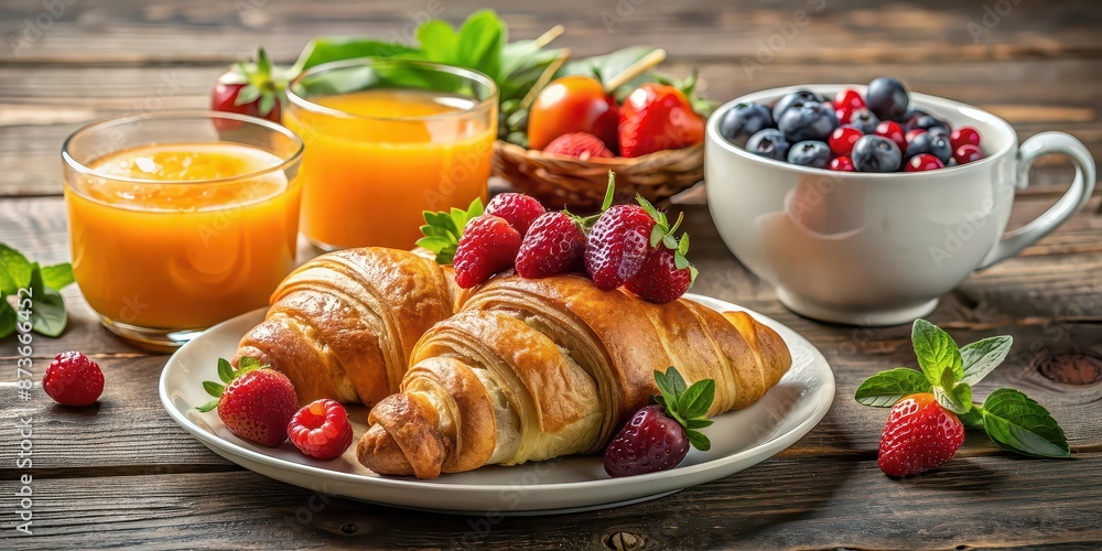 Wall mural Bright morning photography of a gourmet breakfast plate with croissants, berries, orange juice, and jam on a rustic table