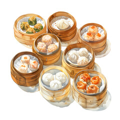 Watercolor illustration of various kinds of dim sum on white background