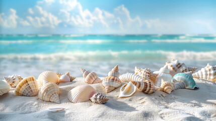 many shells and starfish on white sand with beautiful ocean background