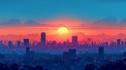 Fototapeta premium Minimalist digital artwork of a cityscape at sunrise featuring simple geometric shapes and a calm color palette with shades of blue and orange, emphasizing modern urban life and tranquility.