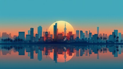 Fototapeta premium Minimalist digital artwork of a cityscape at sunrise featuring simple geometric shapes and a calm color palette with shades of blue and orange, emphasizing modern urban life and tranquility.
