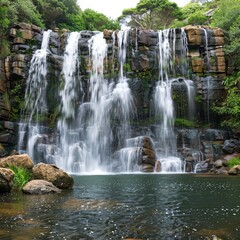 Obraz premium Tranquil Waterfall Oasis on Isolated Background - Majestic Cascade in Serene Landscape with Copy Space