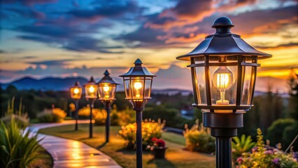 Outdoor lights turning on at dusk , dusk, outdoor, lights, lighting, sunset, evening, illuminated, glow, residential