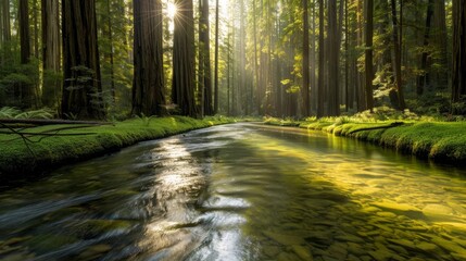 Naklejka premium A tranquil forest scene featuring towering redwood trees with sunlight streaming through the dense canopy casting dappled shadows on a crystalclear stream that winds through the mossy undergrowth