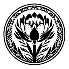 Fototapeta premium King, Protea flower in decorative emblem ornament, Victorian, art deco, art nouveau, boho, bohemian, folk, flourish