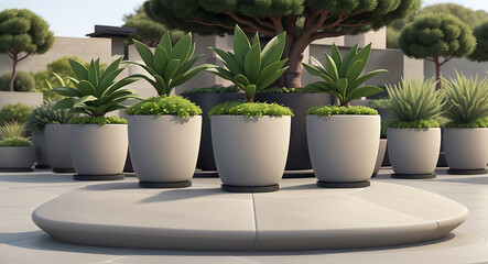 Fototapeta premium A stylish potted plant on a sleek stone plinth. Highlight its design and natural beauty, with space for branding and descriptive text. 
