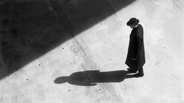 A man, his shadow cast on the ground. Minimalist black and white photography with a white background. Shoot with a large frame camera from above, high contrast and concise composition.