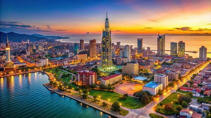 Panoramic aerial view of Batumi, Georgia. Downtown and port at dusk, Batumi, Georgia, panoramic, aerial view, cityscape