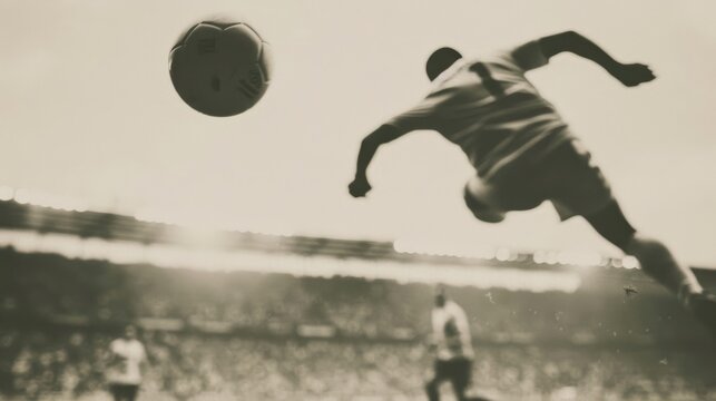 A dynamic action shot of a professional soccer player in midair about to kick the ball towards the goal with the crowd in the stadium background roaring in excitement capturing the thrilling intensity