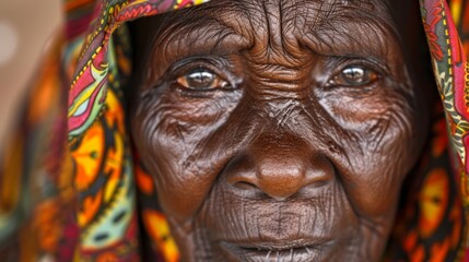 Obraz premium A closeup portrait of an elderly African woman with deep expressive eyes and a radiant smile her face beautifully lined with wrinkles that tell the stories of her rich life experiences wearing a color