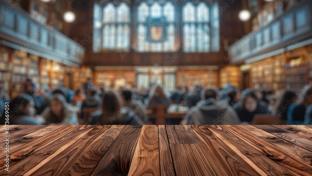 Poster empty wood table top with blur background of library at school or university. the table giving copy 