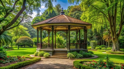Fototapeta premium Pavilion surrounded by lush greenery in a park, pavilion, park, greenery, nature, outdoor, summer, relaxation