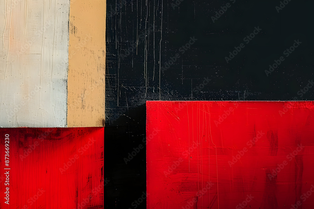 Poster red and black intersect in a square with a hint of pale yellow visible between them