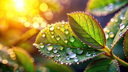 Close-up shot of morning dew on fresh leaves and petals, morning, dew, fresh, leaves, petals, close-up, shot, delicate, droplets