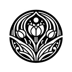 Tulips flower in decorative emblem ornament, Victorian, art deco, art nouveau, boho, bohemian,  folk, flourish