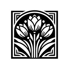 Tulips flower in decorative emblem ornament, Victorian, art deco, art nouveau, boho, bohemian,  folk, flourish