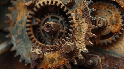 A zoomedin shot of the intricate gears and mechanisms inside an oldfashioned ice cream maker. The metal is rusted and worn but still in working condition.