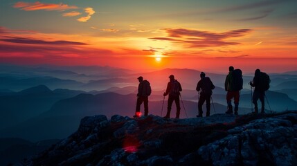 Fototapeta premium Silhouette Photo of Six People on Mountain Summit, Excellent Composition and Lighting