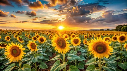 Obraz premium Sunflowers in a beautiful sunset setting, sunflowers, sunset, nature, evening, yellow, blossoms, field, vibrant, tranquil