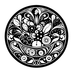 fruit Salad, salad,  fruit in decorative emblem ornament, Victorian, art deco, art nouveau, boho, bohemian,  folk, flourish