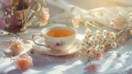 traditional English tea and breakfast served in a luxurious porcelain crockery tea cup, against the backdrop of a sunny landscape and blooming flowers.