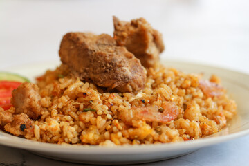 Close up image of nasi.goreng ( fried rice ) with pork. Delicious chinese indonesia food.