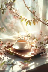 traditional English tea and breakfast served in a luxurious porcelain crockery tea cup, against the backdrop of a sunny landscape and blooming flowers.