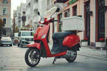 red scooter is parked on the side of a street. The scooter is parked in front of a building with a red box on top