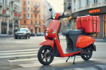 red scooter is parked on the side of a street. The scooter is parked in front of a building with a red box on top