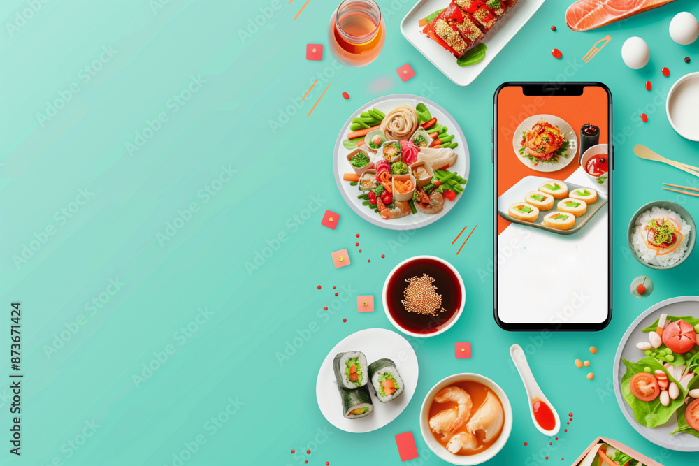 Poster a table full of food and a phone. scene is inviting and appetizing