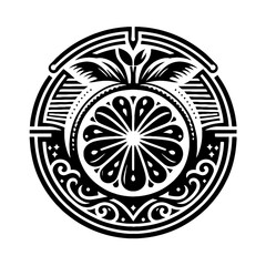 orange, tangerine fruit in decorative emblem ornament, Victorian, art deco, art nouveau, boho, bohemian,  folk, flourish