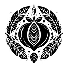 Peach fruit in decorative emblem ornament, Victorian, art deco, art nouveau, boho, bohemian,  folk, flourish
