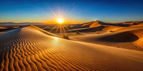 Naklejka premium Sunrise casting vibrant shadows on desert dunes under clear sky, Sunrise, shadows, desert, dunes, vibrant colors, clear sky