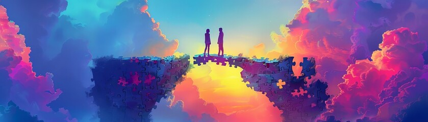 Fototapeta premium People standing on opposite sides of a bridge made of puzzle pieces, representing breaking biases to connect, vibrant, digital painting
