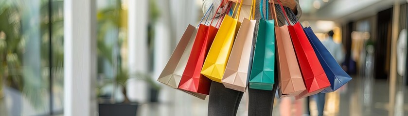 Person carrying multiple colorful shopping bags in a mall, showcasing the joy and excitement of shopping and retail therapy.