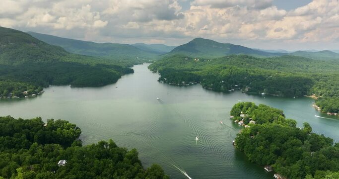 Lake Lure, North Carolina. Aerial view of waterfront town between Appalachian mountains in Rutherford County. USA travel destination