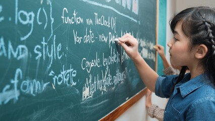 Skilled asian girl writing engineering prompt and programing system while standing blackboard with...