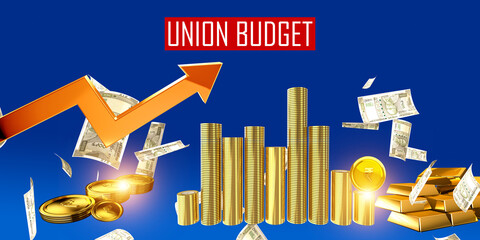 Indian Union Budget, India economy, finance icon, Indian rupee coin with Indian map 3d...