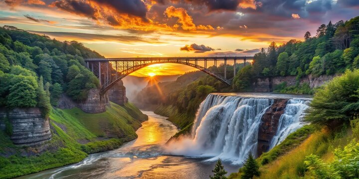 Sunset over the upper falls and arch bridge at Letchworth State Park, sunset, upper falls, arch bridge, Letchworth State Park