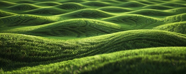 Fototapeta premium Abstract 3D Rendering of Green Grass Waves in the Background, Featuring Green Hills Texture with Wavy Lines for Natural and Eco-Friendly Advertising Design Template, Forest Field Pattern, Wide Banner 