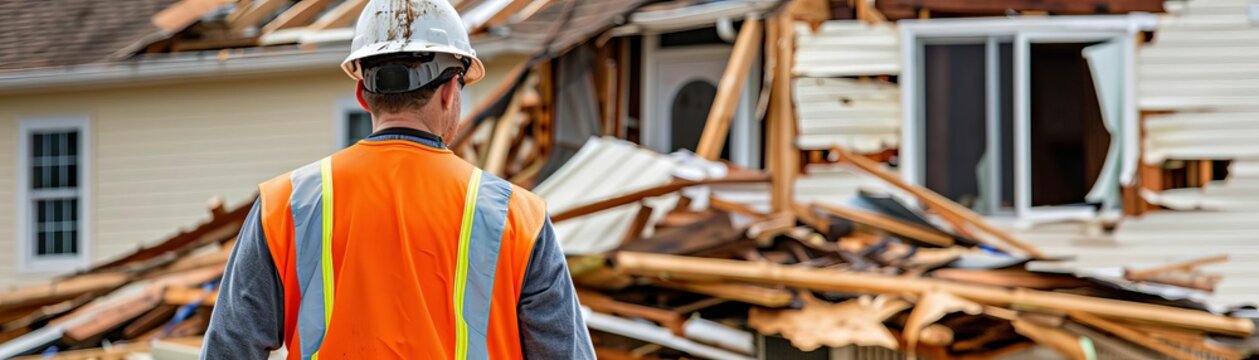 Property recovery crew repairing hurricane damage, recovery, storm restoration