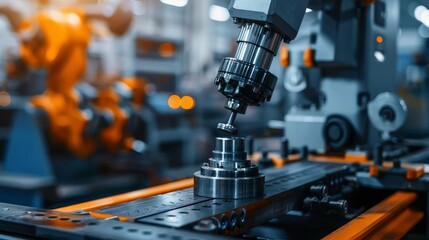 Robotic automation in a modern factory. Precision machinery working in an industrial setting. Advanced manufacturing technology.