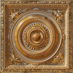 Fototapeta premium Baroque Classical Abstract Marble Framed Ceiling Art with Ornate Border. Luxury Lavish Decor Elements with Seamless Pattern Background Texture
