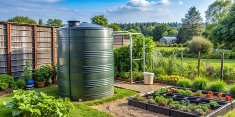 Scene of rainwater harvesting system and vegetable garden in backyard , sustainability