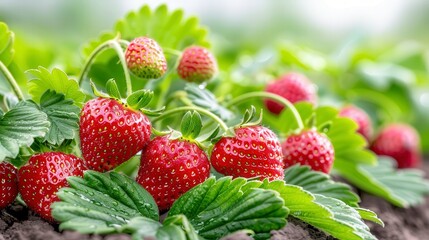 Fresh red strawberries growing on the vine in the garden, surrounded by lush green leaves and soil.