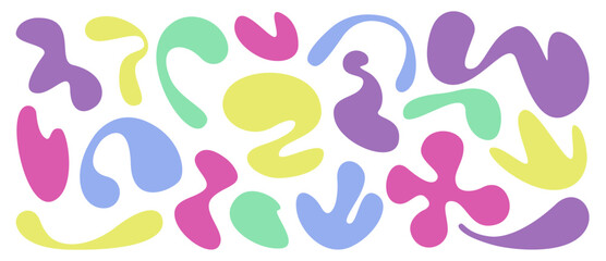 Liquid abstract organic blob shapes, silhouettes. Relax, colorul fluid elements. Bubbles and drops in trendy y2k style. Spots, drops set.