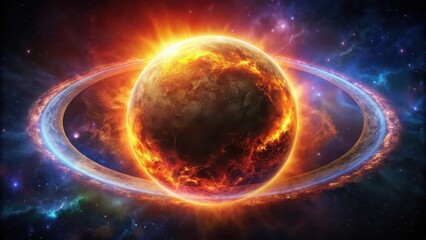 Obraz premium Planet with vibrant, fiery ring encircling it , celestial, astronomy, space, fiery, glowing, ring, colorful, vibrant