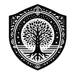 Obraz premium Elm plant, tree in decorative emblem ornament, Victorian, art deco, art nouveau, boho, bohemian, folk, flourish