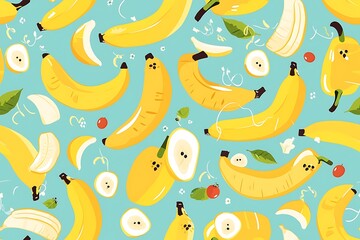Whimsical Banana Pattern with Playful Halves and Leaves